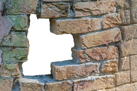 red brick wall whit a open gap in it isolated on white background textureの写真素材