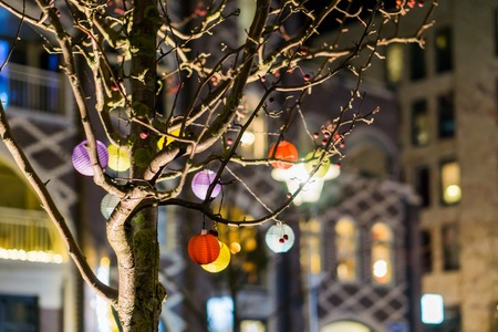 macro closeup of a decorated tree with chinese lanterns in different colorsの写真素材