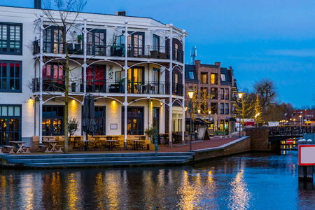 Dutch apartments with balconies at the water, City Alphen aan den Rijn, The Netherlandsの写真素材
