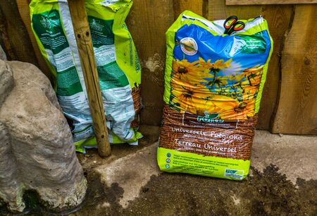 Kwadendamme, The Netherlands, march 19, 2019, humuforte bag of potting soil, organic fertilizers, biological gardening productsのeditorial素材