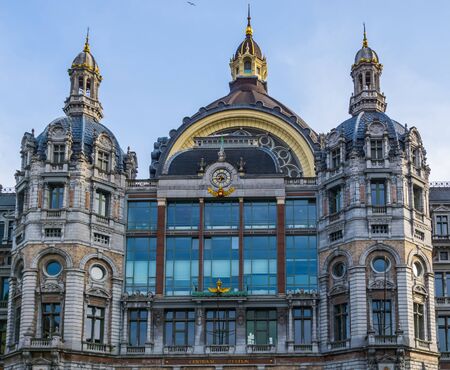 the central station building of Antwerp city, historical and classic Belgian architecture, Antwerpen, Belgium, April 23, 2019のeditorial素材