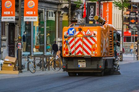 Antwerpen, Belgium, April 23, Sweeping machine cleaning the streets in the city center of antwerpのeditorial素材