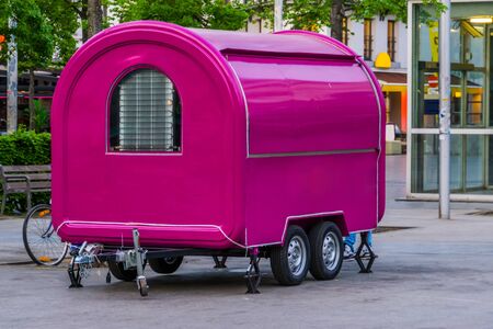 modern purple city food store, carriage with closed shutter, Mobile store in the big cityの写真素材