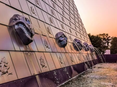 beautiful and modern water fountain, Heads spraying water jets, Garden and city architectureの写真素材