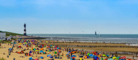 the popular beach of Breskens, Very crowded during summer season, Breskens, Zeeland, The Netherlands, 20 July, 2020のeditorial素材
