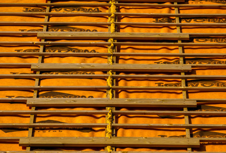wooden base framework pattern for roof tiling, construction industry background, Rucphen, The Netherlands, 6 may, 2022のeditorial素材