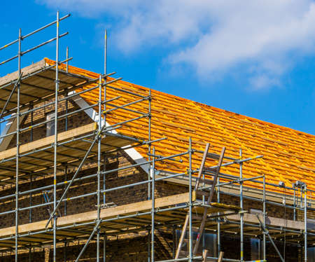 House under construction ready for roof tiling, Rucphen, The Netherlands, 6 may, 2022