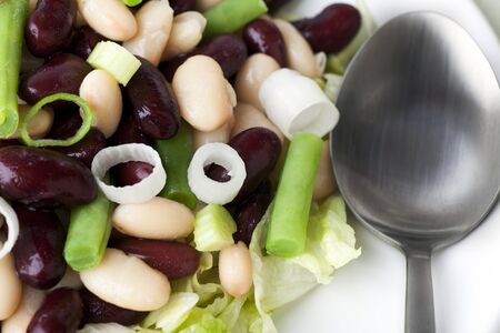 Close up of three bean salad with cannellini, kidney and green beans, on a bed of iceberg lettuce.の写真素材