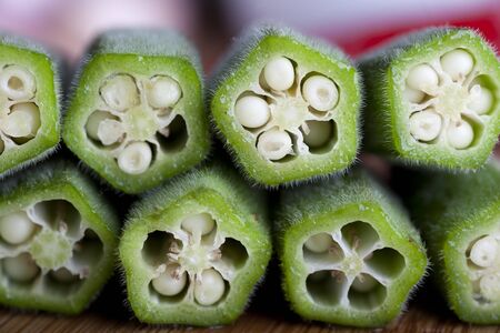 Closeup of cut Okra.の写真素材