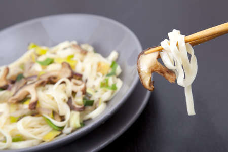 Stir fry with asian egg noodles and shitake mushrooms, focus on one mushroom and chop sticks.の写真素材