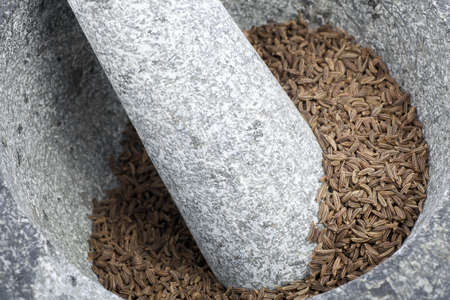 Granite mortar and pestle filled with whole fennel seeds ready for grinding.