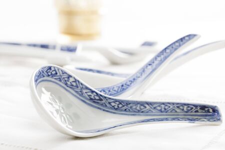 Porcelain chinese spoon with blue hand painted decoration の写真素材
