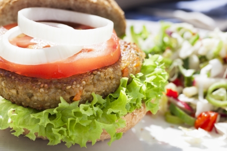Tempting quinoa veggie burger with tomato and onion slices の写真素材
