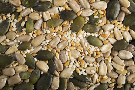 Mixed healthy seeds food background containing pumpkin seeds, sesame seeds and sunflower seeds の写真素材