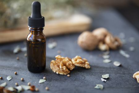 Walunts and dropper bottle of walnut oil on slate table.の写真素材