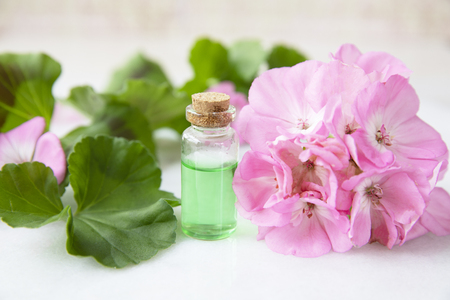 Plant extract in viles with geranium leaves and pink flowersの写真素材