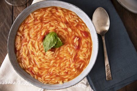 Orzo Soup with Basil Flat Layの写真素材