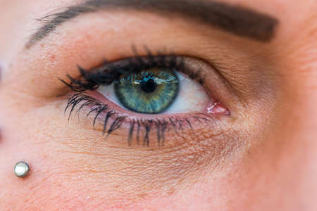 Macro image of beautiful 35 year old woman eye in green and blue colorの写真素材