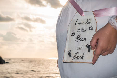 Maternity. woman holding a piece of wood saying love you to the moon and back. side view Horizontalの写真素材