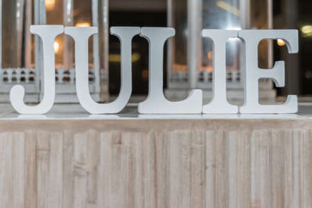 JULIE Name made of large white blocks style font for a Baptism Partyの写真素材