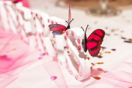 Two artificial Red and black butterflies on S letter. On a Table. Horizontal.の写真素材