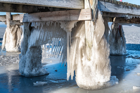 Winter wonderland on frozen Neusiedlersee in Burgenland Austriaの写真素材