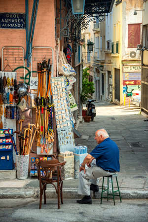 Athens, Greece - August 4, 2019: Tourists and local Greeks shop at the outdoor shopping center and marketplace near the monastiraki and Plaka district in Athens Greeceのeditorial素材