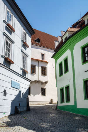 Cesky Krumlov, Czech Republic - JUNE 27, 2020: city street of the ancient Czech city of Cesky Krumlov. Medieval architecture of Europe, souvenir shops, and tourists on the streets of the cityのeditorial素材