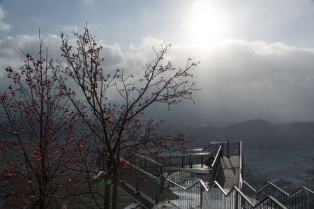 Winter Panoramic View at observation point named skywalk on Hohe Wand mountain in Lower Austria