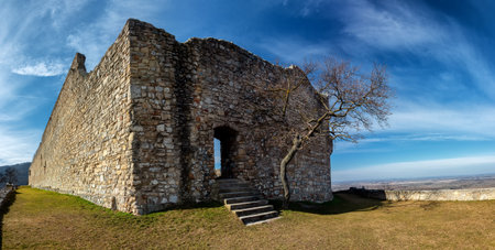 Ruins of Hainburg castle high above the city of Hainburg and the River danubeの写真素材