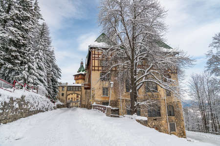 Semmering, Lower Austria, Austria - December 12th, 2020: The grand hotel Suedbahnhotel was opened in 1882 after Semmering was made accessible by train. The hotel business ended in the 1960s.のeditorial素材