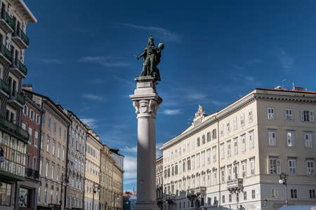 Famous Leopoldo ID Asburgo Statue Monument in Trieste at Piazza della Borsa, Trieste, Italy.