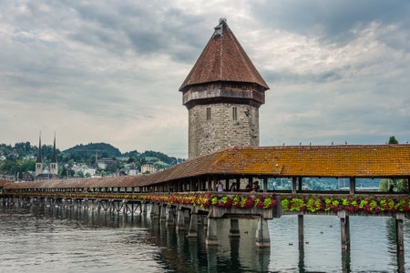 View of the Chapel Bridge over Lucerne lake in Switzerlandのeditorial素材