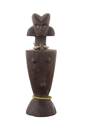 Antique wooden doll isolated on white backgroundの写真素材