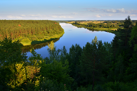 The largest river in Lithuania Nemunas flowing through green forests in summerの写真素材