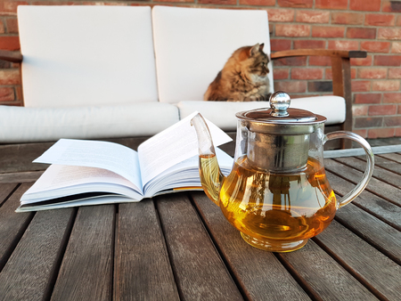 Tea time with a book in a outdoors garden terraceの写真素材