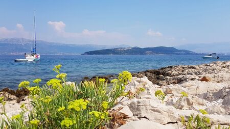 View from the beach  to the Adriatic sea near Trogir in Croatia