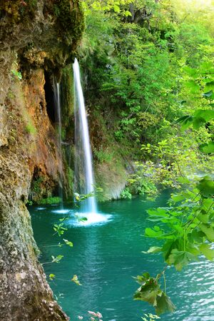 Waterfalls in forest. Plitvice national park in Croatiaの写真素材