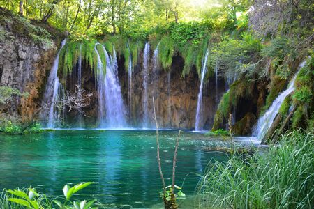 Waterfalls in forest. Plitvice national park in Croatiaの写真素材