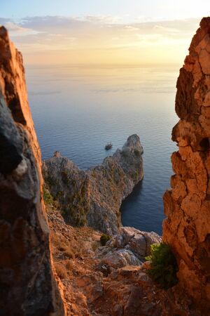 Beautiful sea and rocks view during sunset from Alanya castle at peninsula. Turkeyの写真素材