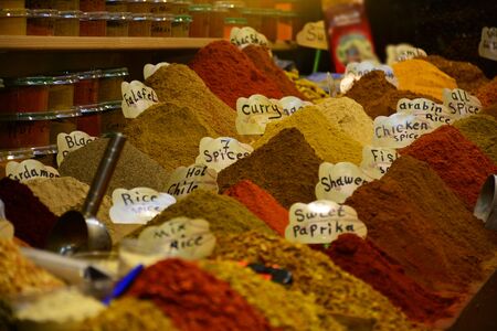 Spice counter on street market closeup. Selective focusの写真素材