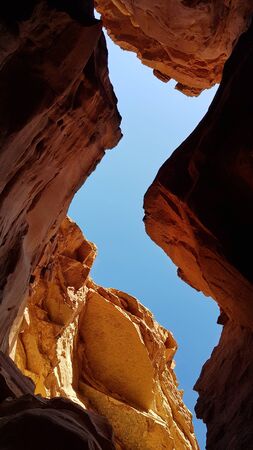 Blue sky view through rocks in Red Canyon, Negev Desert, Eilat, Israelの写真素材