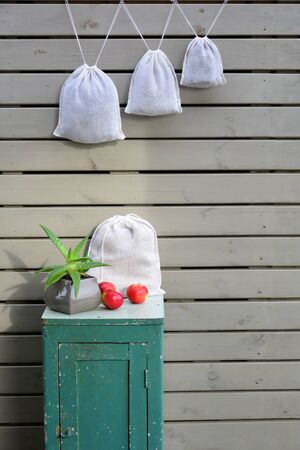 Reusable zero waste linen produce bags hangingの写真素材