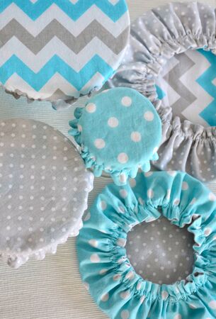Set of reusable zero waste fabric cloth bowl coversの写真素材