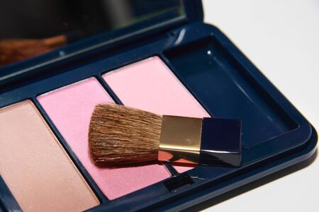 isolated cosmetic powder with a brushの写真素材