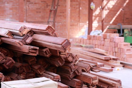 pile of wood in a construction siteの写真素材
