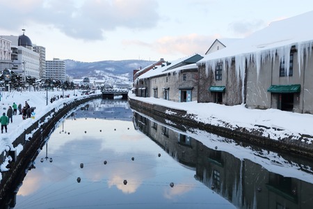 background of otaru canal in japan the winter evenningのeditorial素材