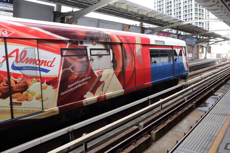 BANGKOK - DECEMBER5: A BTS Skytrain waits at a station at Aree station on December 5, 2014 in...