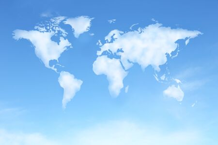 background of clear blue sky with world map in clound shapeの写真素材
