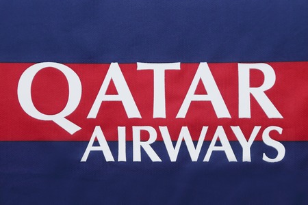 BANGKOK, THAILAND -JULY 31, 2015: Qatar Airways Logos on Barcelona oofficial jersey on July 31, 2015 in Bangkok Thailand.のeditorial素材
